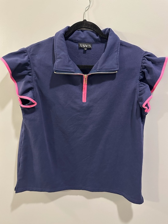 SSYS Tops - SSYS The Label Navy Blue Pink Piping Ruffle Sleeve Quarter-Zip Top Size M
